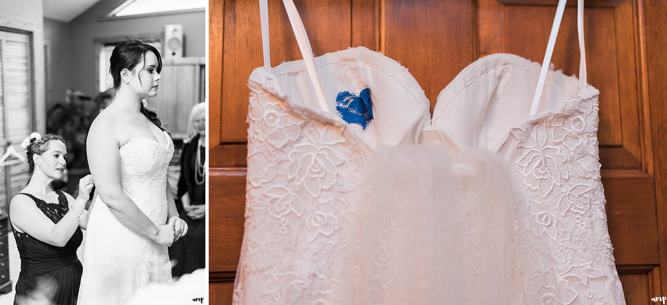 Bride getting ready and wedding dress with mom's dress heart inlay