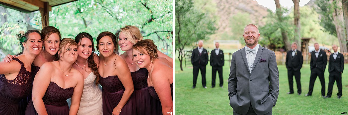 Bridesmaids huddled together and groomsmen portrait