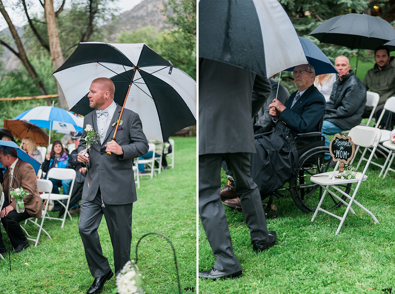 Groom carrying a rose down the aisle for his deceased mom