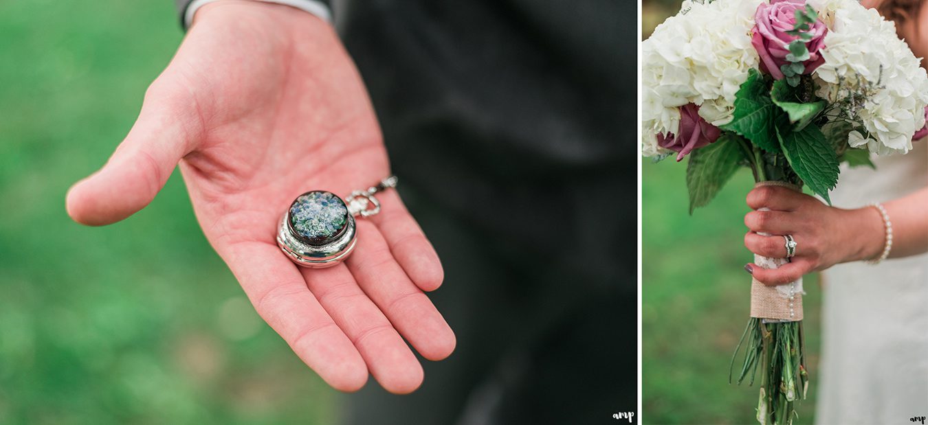 Groom's pocket watch with his mother's ashes enclosed