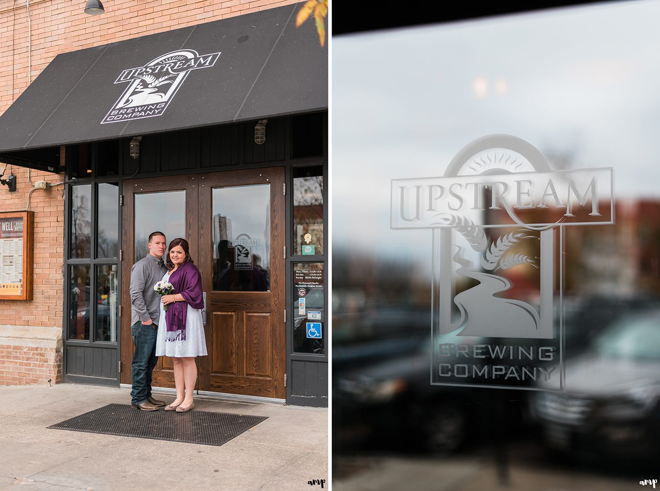 Couple outside Upstream Brewery in Old Market Omaha