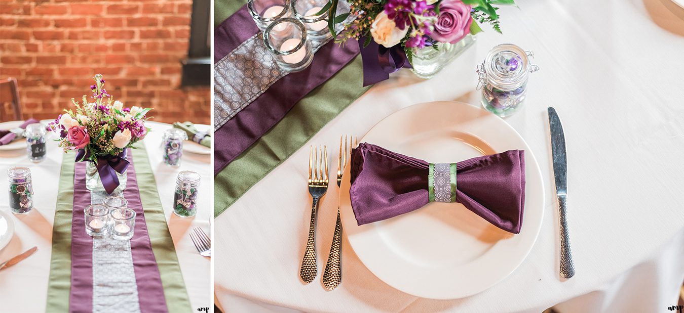 Purple and green table decorations for Courthouse Wedding in Omaha | amanda.matilda.photography