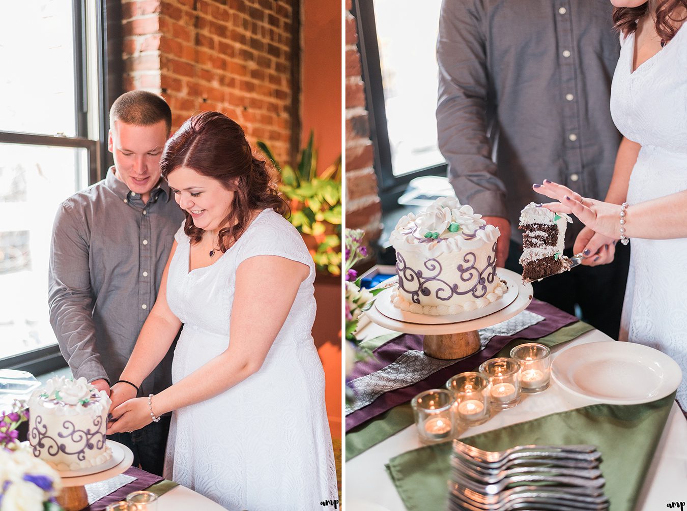 Couple cuts the cake at Upstream Brewery Wedding in Omaha