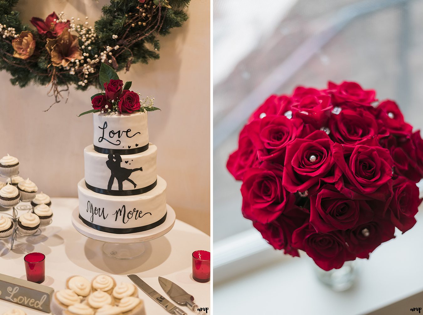Silhouette wedding cake saying "Love You More" plus bride's red rose bouquet
