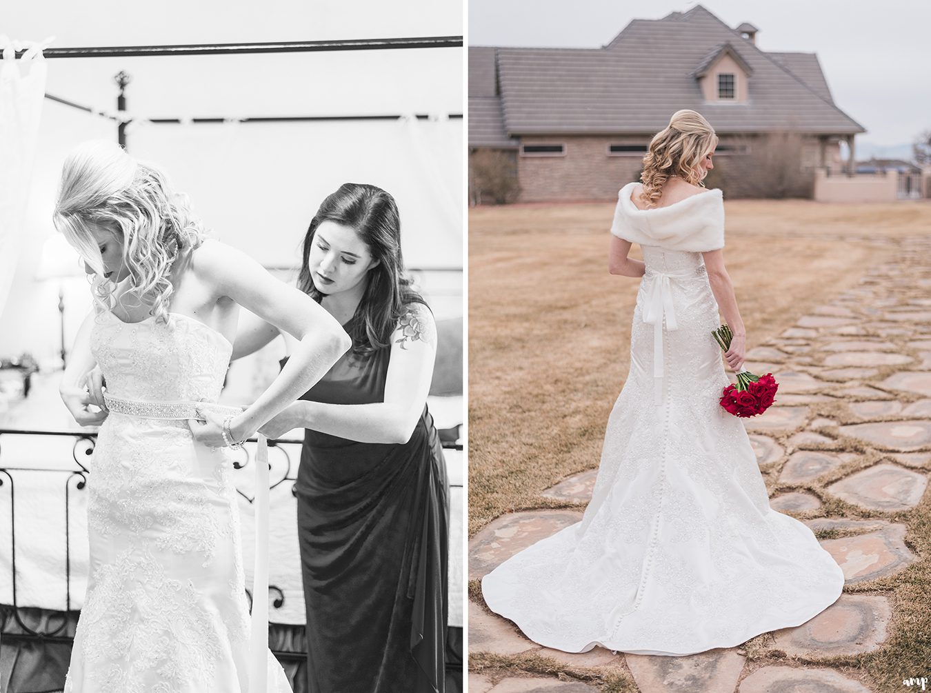 Maid of honor helps bride into dress at Two Rivers Winery