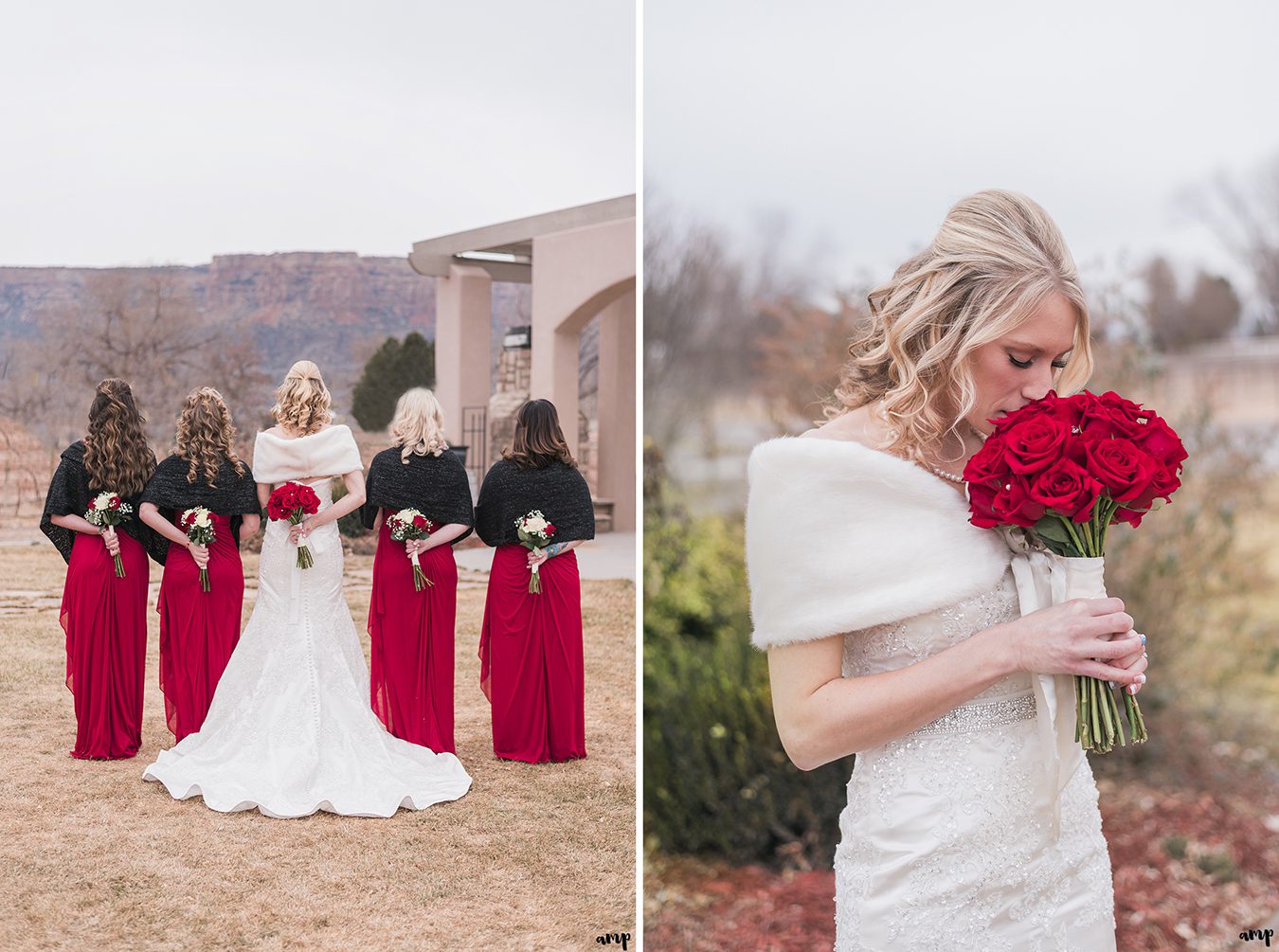 Bridesmaids pose with red roses for her Winter Wedding at Two Rivers Winery in Grand Junction | amanda.matilda.photography