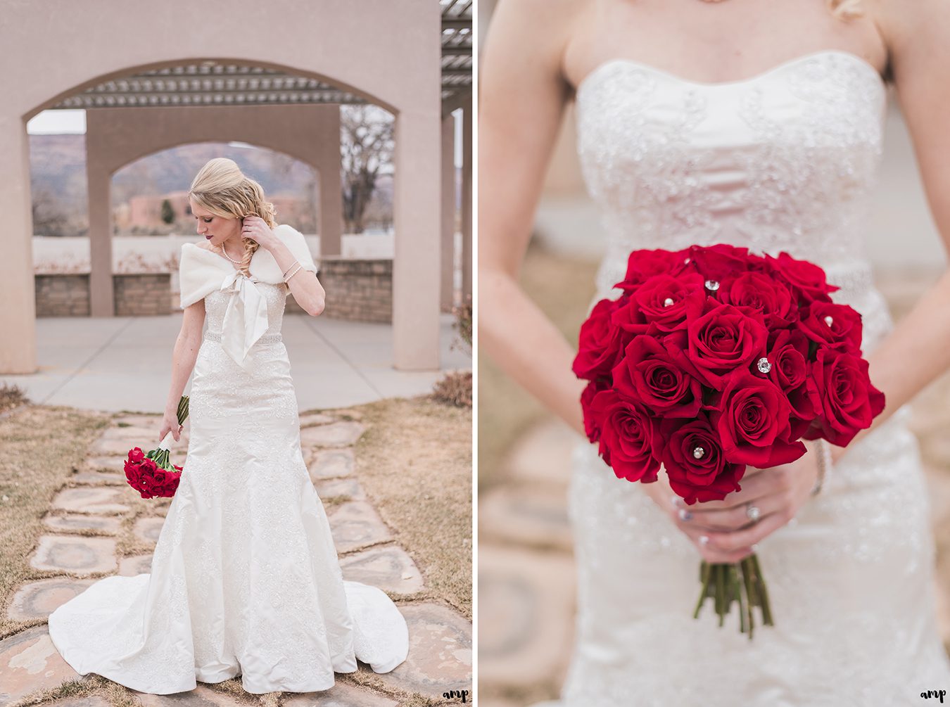 Bride poses with red roses for her Winter Wedding at Two Rivers Winery in Grand Junction | amanda.matilda.photography