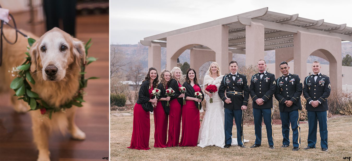 Bridal Party posing under the Two Rivers Winery pergola and the golden retriever ring bearer