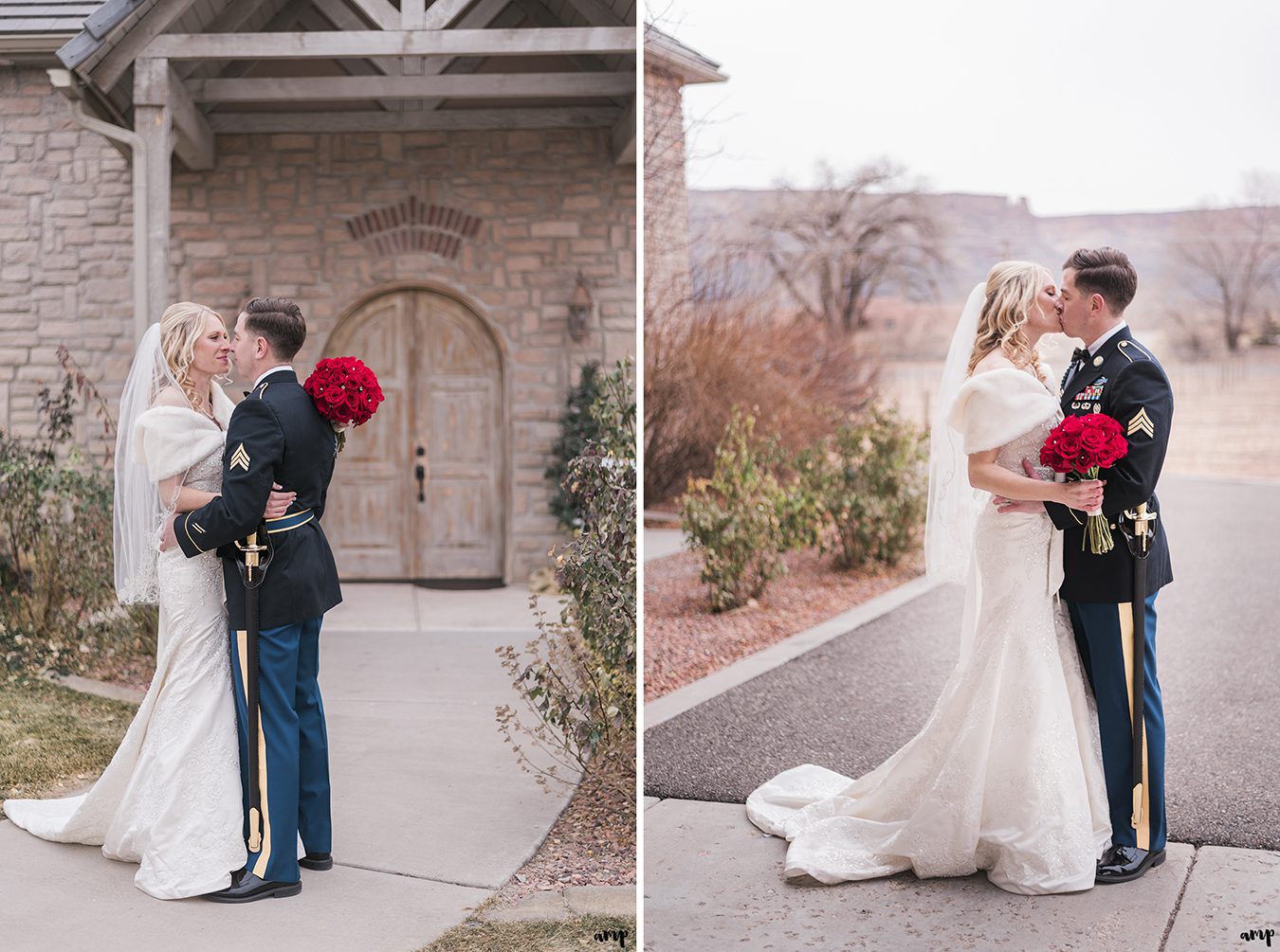 Couple embrace in front of the doorway of the vineyard at Two Rivers Winery