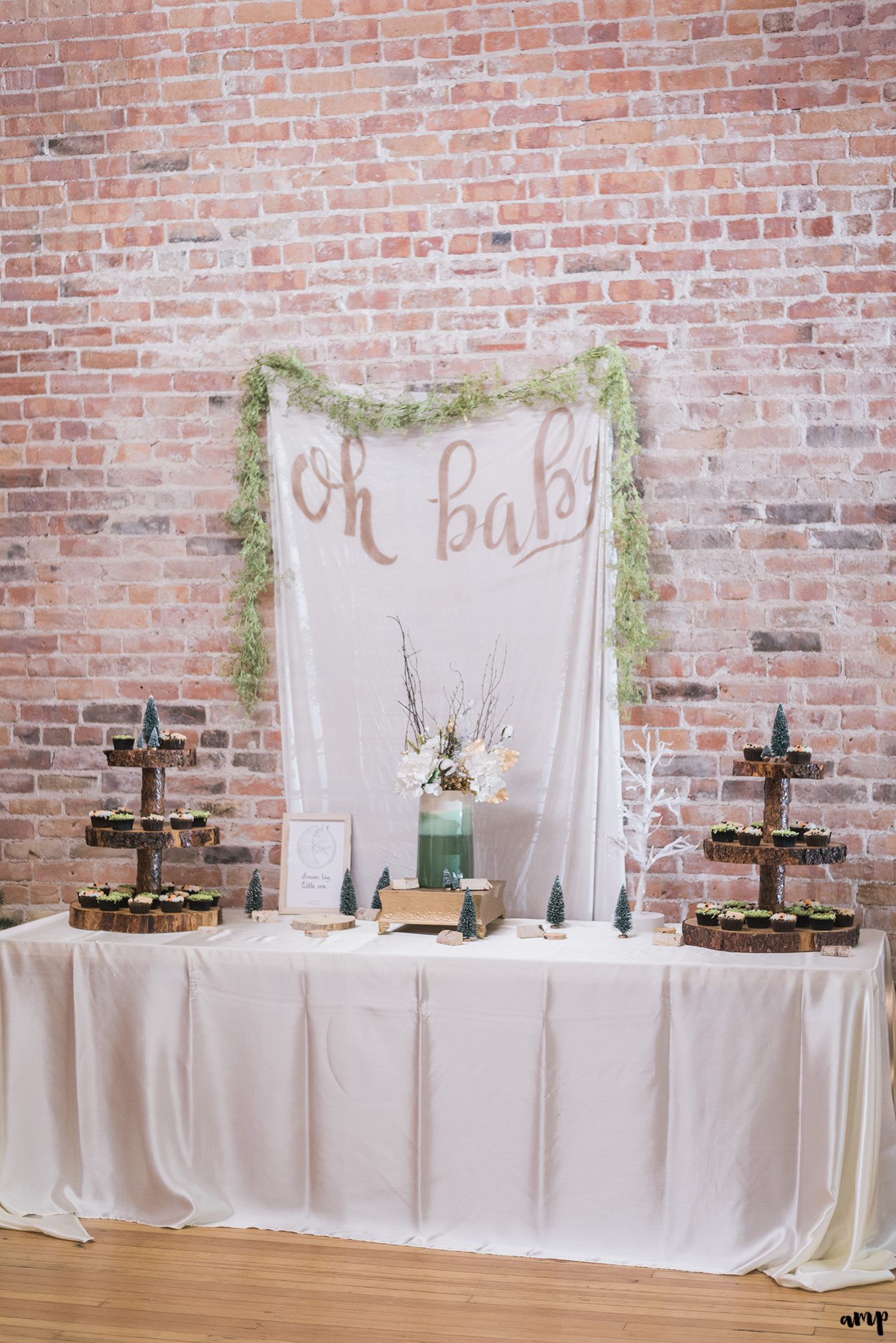 "Oh baby" banner and dessert table