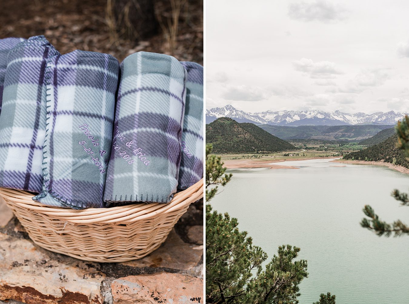 Customized purple plaid blankets reading Travis & Erica - 5.21.18 and the San Jaun mountain range from Ridgway State Park