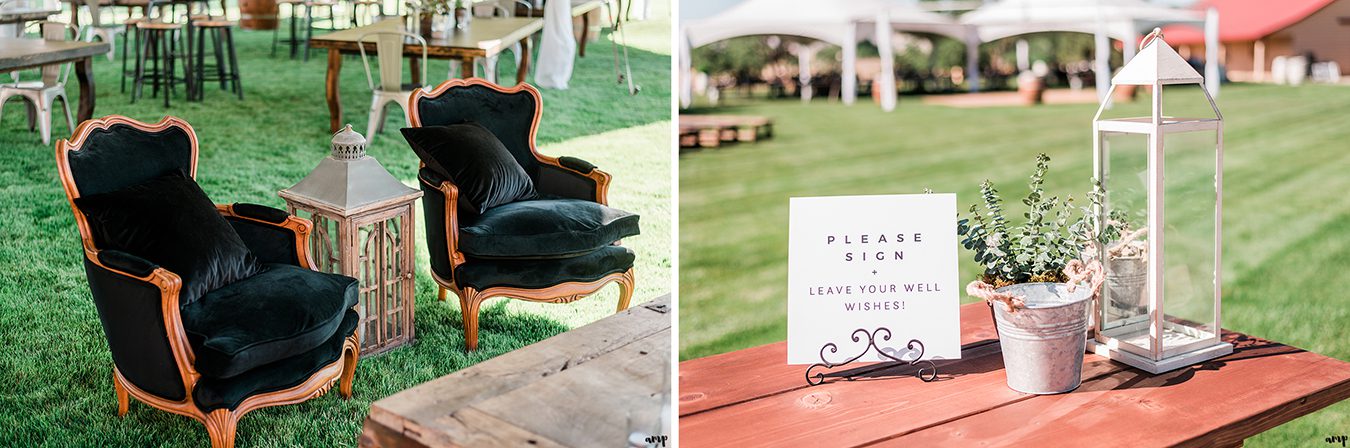 Seating area with arm chairs from Stonewood Vintage | Grand Junction Backyard Wedding | amanda.matilda.photography