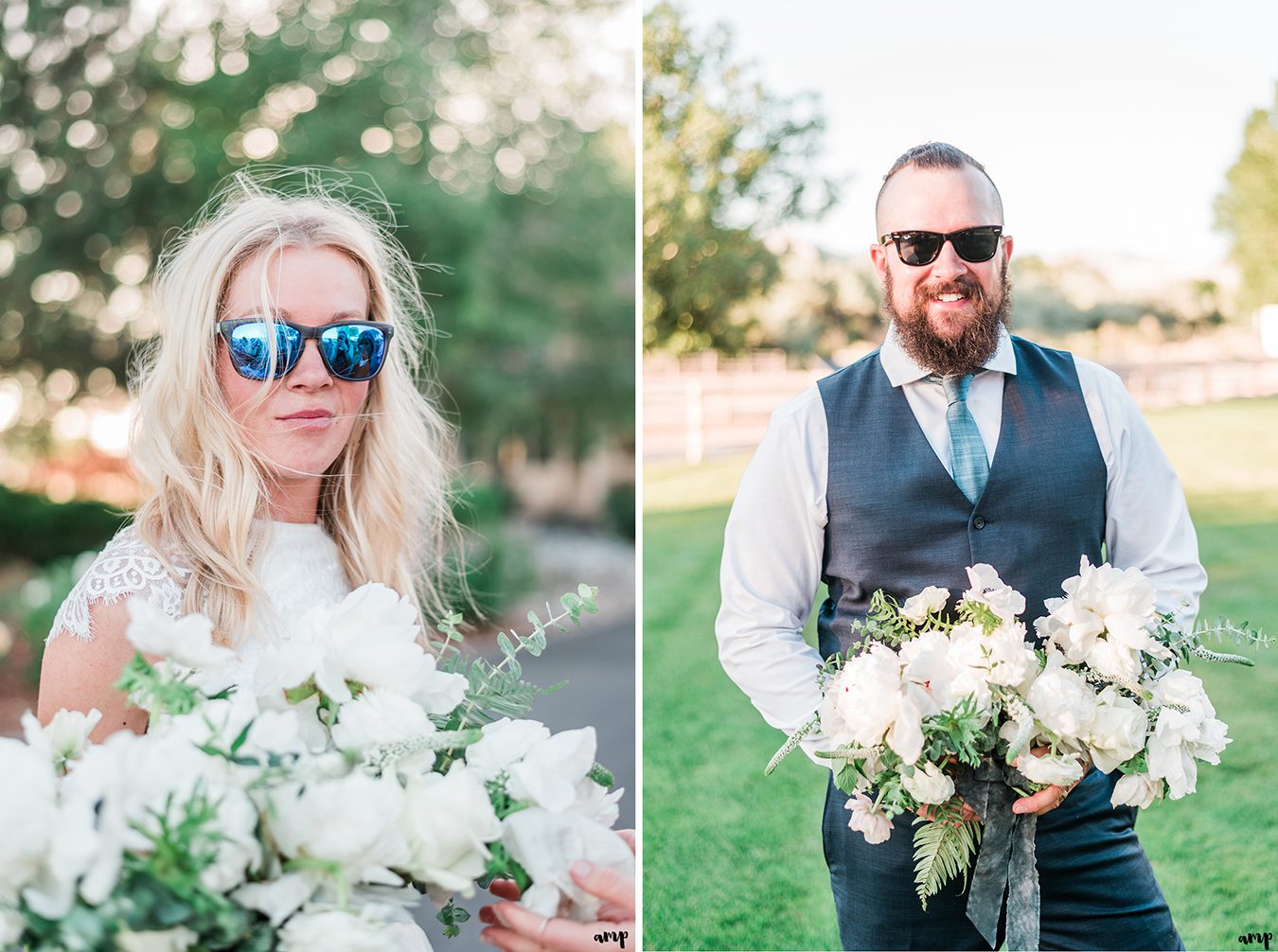 Individual Images of Beth and Dustin holding the bouquet with shades on | Grand Junction Backyard Wedding | amanda.matilda.photography