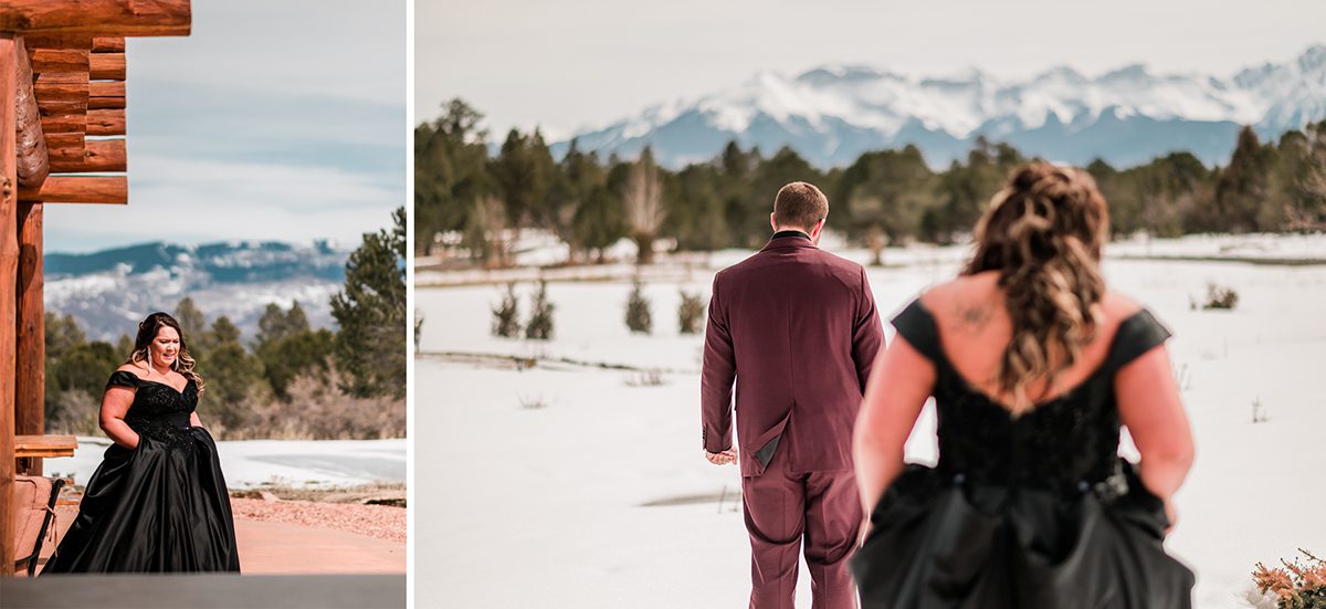 bride and groom share a first look at Stagecoach Lodge with mountains in the distance
