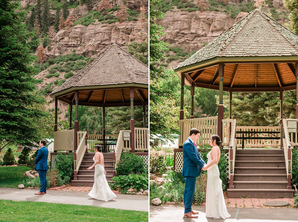 Andrea & McKade sharing a first look in the town park of Ouray in front of a gazebo