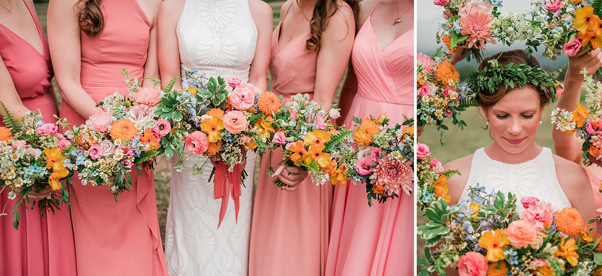 Floral bouquets in coral and orange with greenery