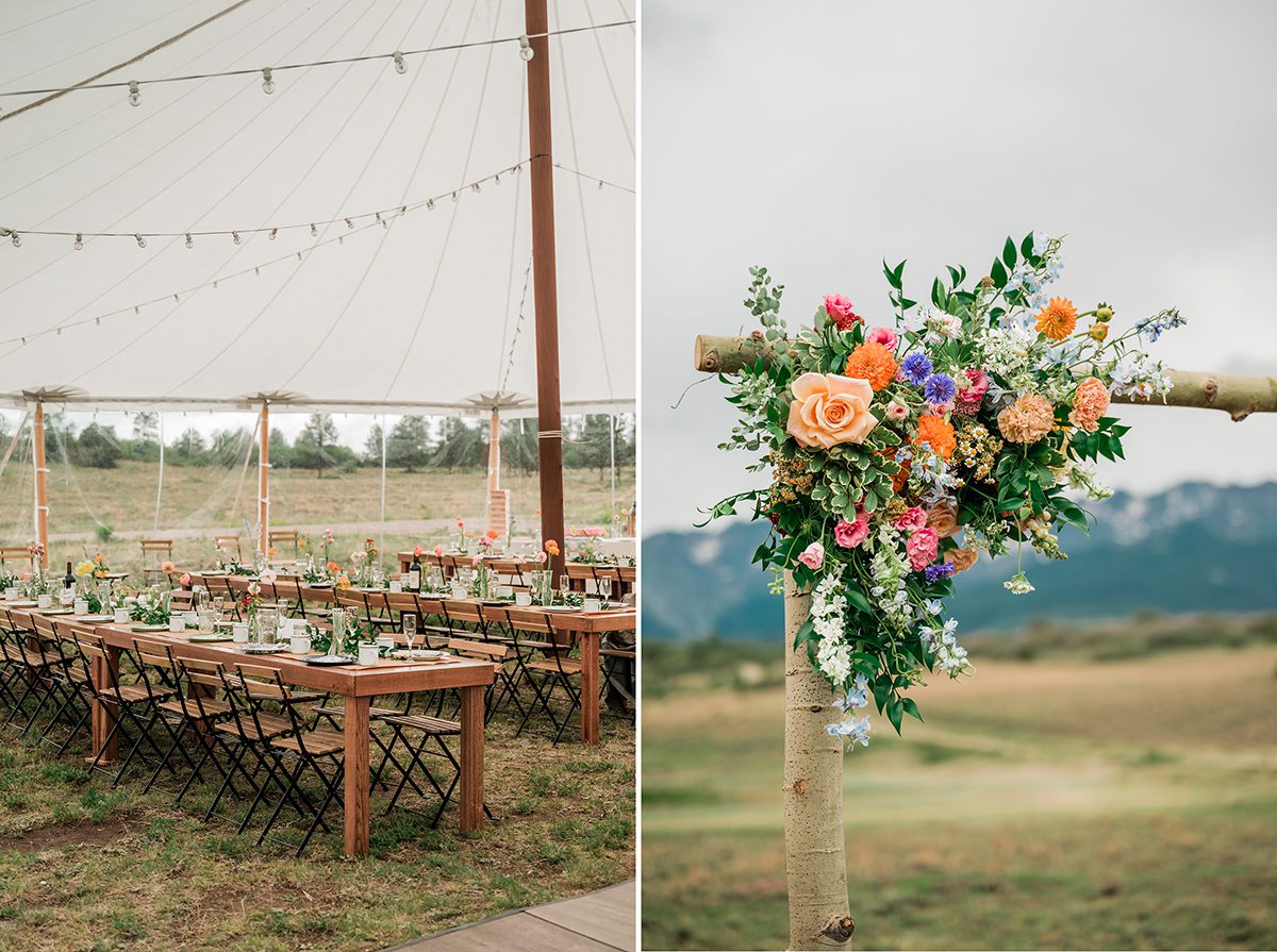 wooden farmhouse tables under the white tent