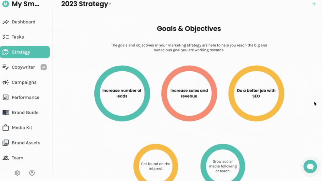 goals & objectives page in Enji Marketing Full Suite